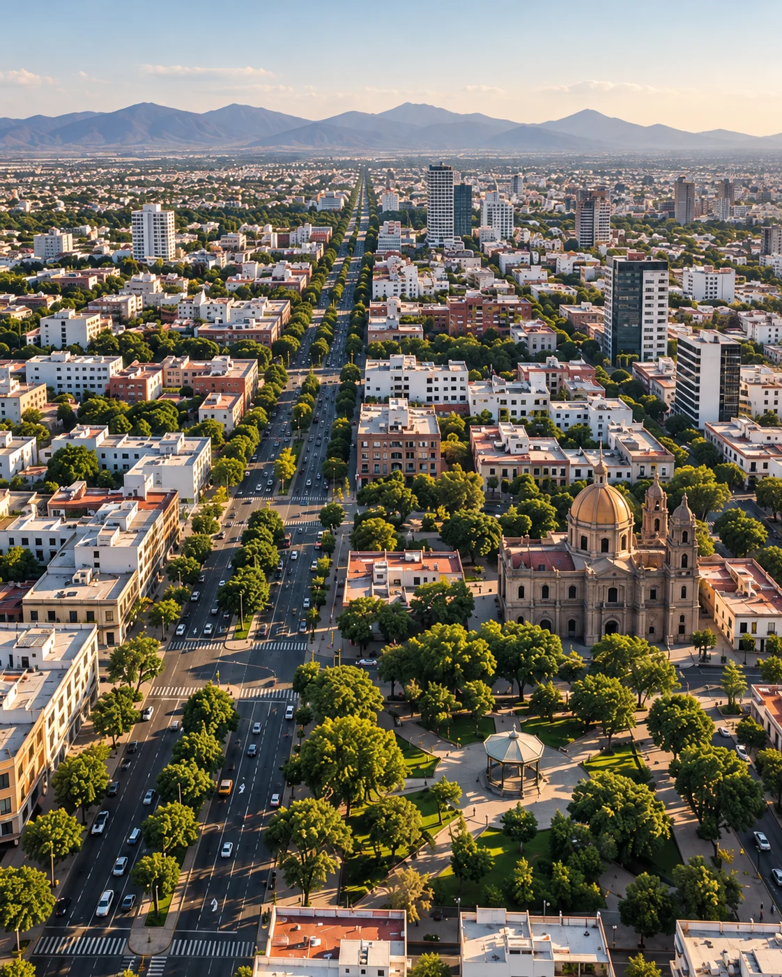 Vista aérea ilustrativa de una ciudad, sus zonas urbanas y vías de comunicación
